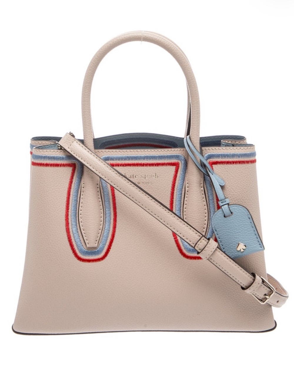 Kate Spade Beige Leather Satchel with Blue & Red Embroidered Accents! VTG!